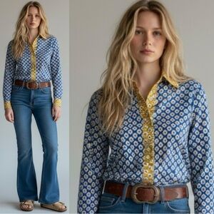 Vintage 70s Toby Tanner Dagger Collar Block Print Button Down Shirt Size 10